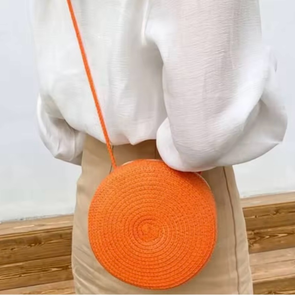 Round Orange Straw Raffia Woven Circle Bag Purse Handbag Summer Crossbody Bright - Picture 5 of 8